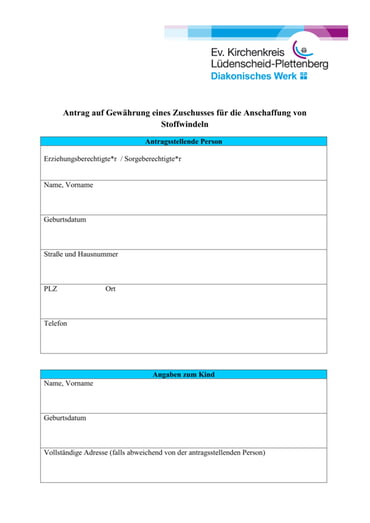 Antragsformular Zuschuss für die Anschaffung von Stoffwindeln