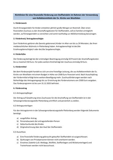 Richtlinien für eine finanzielle Förderung von Stoffwindeln